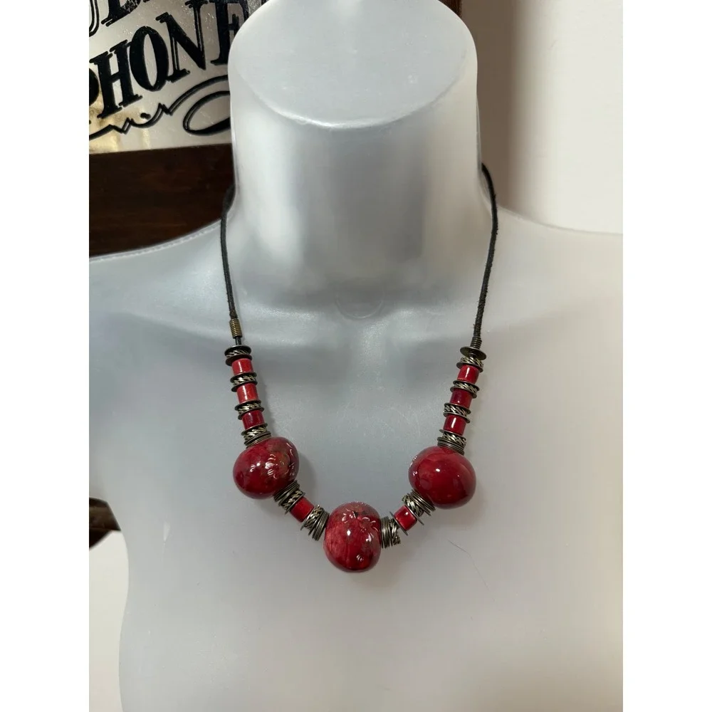 Statement Necklace Womens Vintage Red Excellent Vintage Artisan Brass Bead